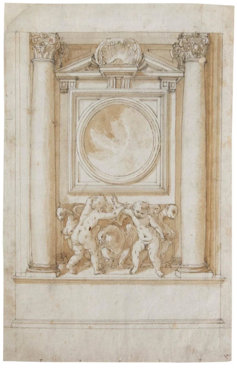 Giovan Battista Crespi, detto Cerano - Studio per nicchia di tomba sostenuta da putti e grifoni